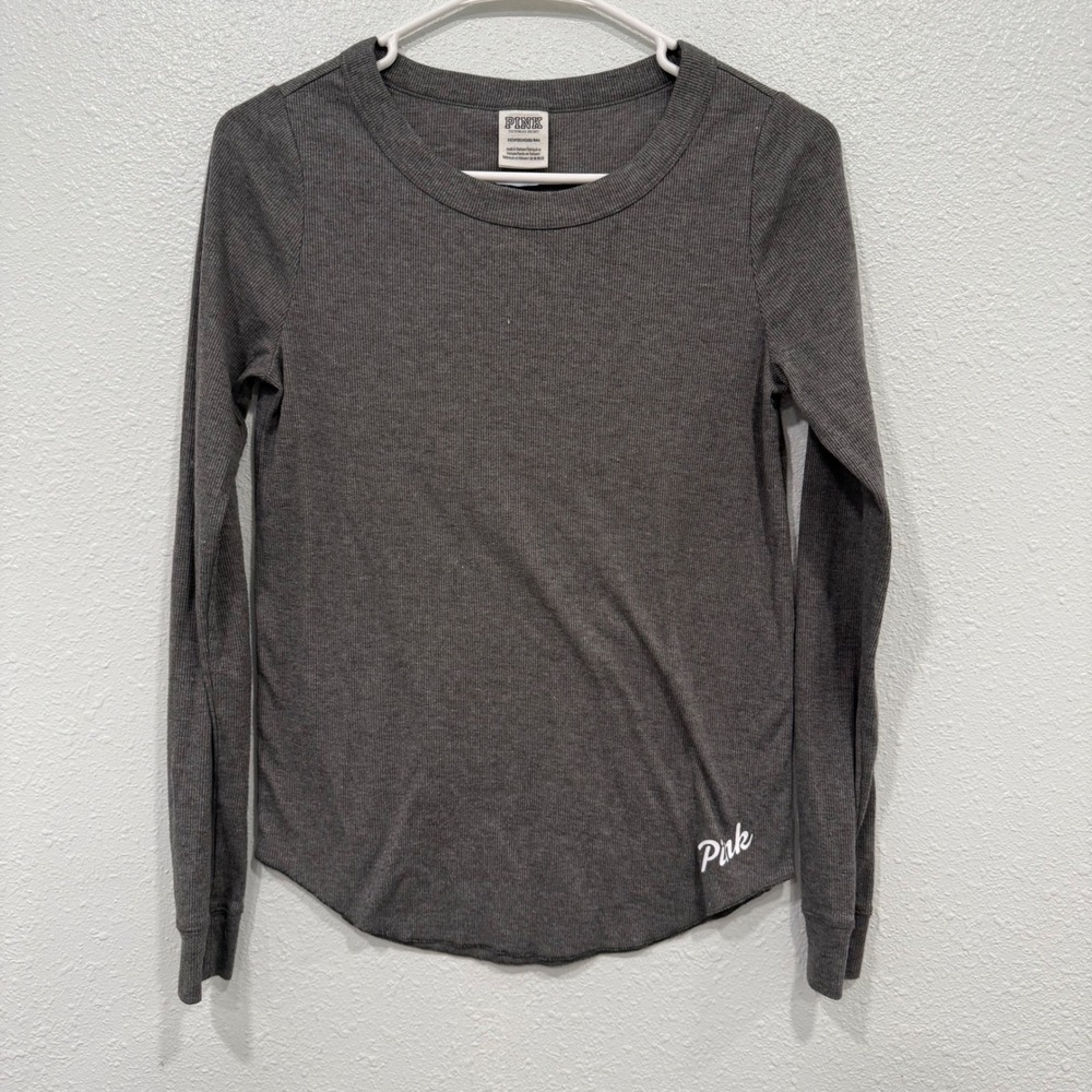 Pink Victoria's Secret Long Sleeve Ribbed Top Charcoal Gray XS Curved Hem Logo